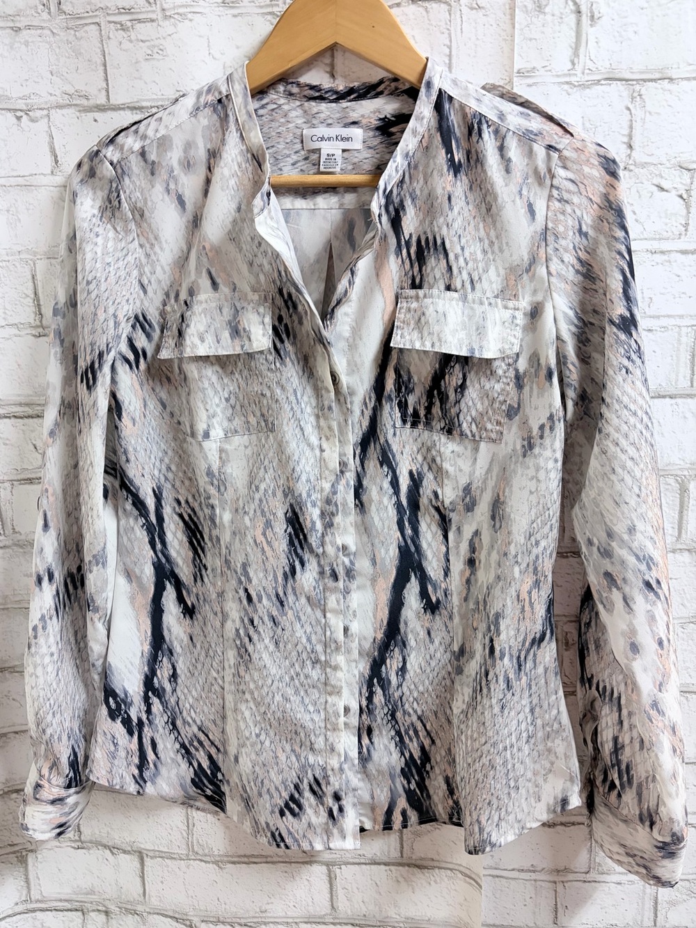 Calvin Klein Cream and Black Snake-Print Button Front Blouse